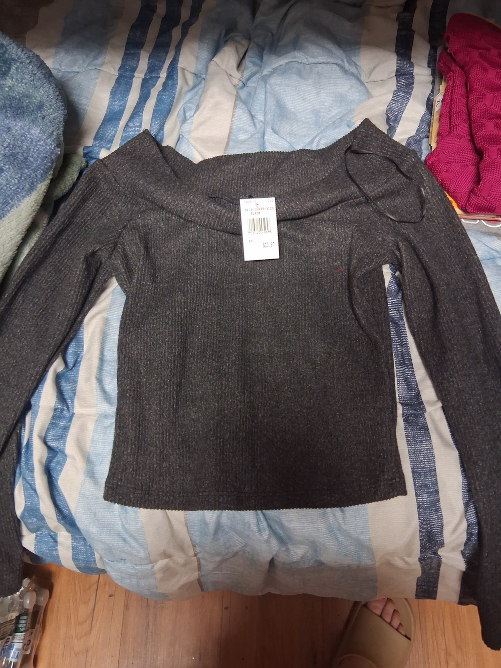 Charcoal Off-Shoulder Ribbed Knit Top